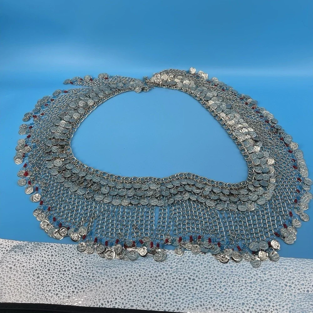 Vintage Belly Dance Hip Scarf Silver Tone Chain Mesh Red Blue Beaded Fringe